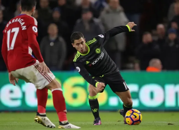 Framed Print : Battle for the Ball: Hazard vs. Barragan - Middlesbrough vs. Chelsea, Premier League