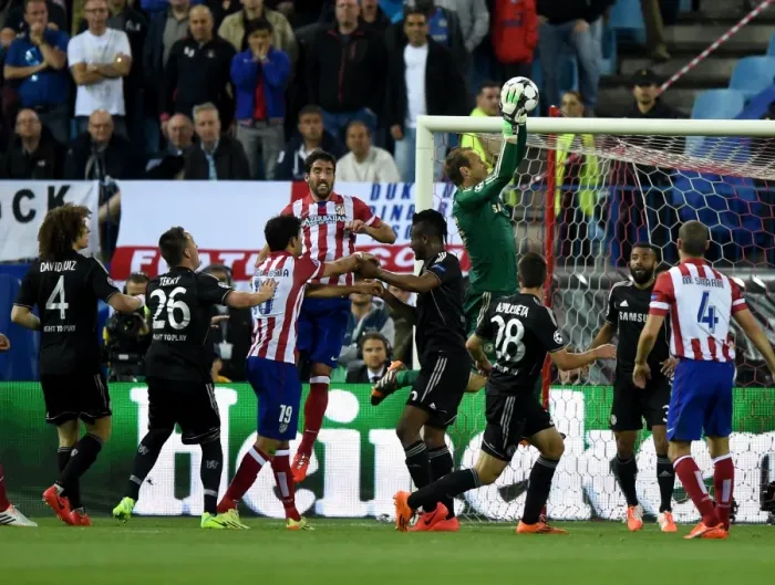 Framed Print : Battle for the Ball: Schwarzer vs. Garcia - Atletico Madrid vs. Chelsea, UEFA Champions League Semi-Final First Leg, Vincente Calderon Stadium (2014)