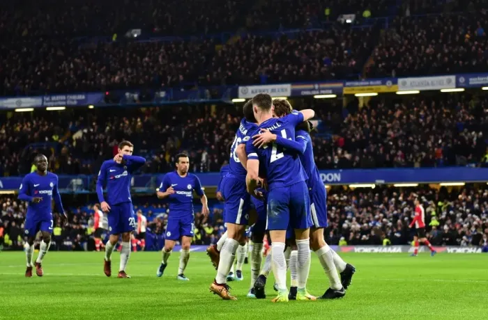 Framed Print : Chelsea Celebrate: Marcos Alonso Scores First Goal Against Southampton (Premier League, Stamford Bridge, London, 2017)