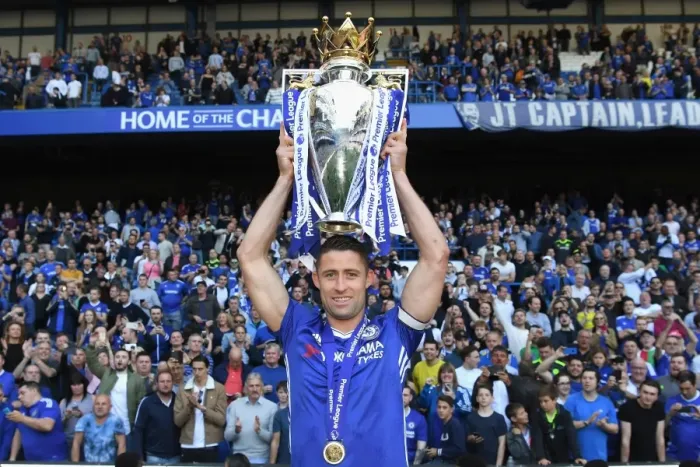 Framed Print : Chelsea FC: Gary Cahill's Triumphant Moment - Premier League Title Win at Stamford Bridge