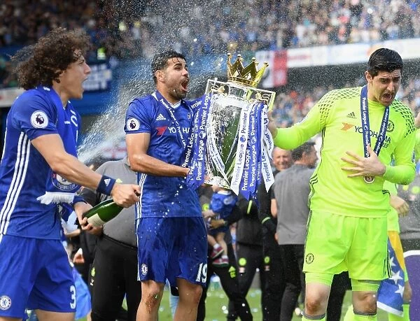 Chelsea FC: Premier League Champions - Triumphant Moment with David Luiz, Diego Costa, and Thibaut Courtois and the Trophy