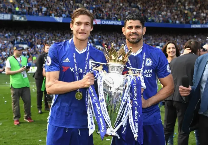 Framed Print : Chelsea Football Club: Diego Costa and Marcos Alonso Celebrate Premier League Title Victory with Fans Framed Print : Chelsea Football Club: Diego Costa and Marcos Alonso Celebrate Premier League Title Victory with Fans