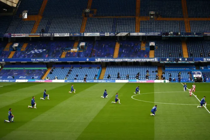 Framed Print : Chelsea Players Kneel for Black Lives Matter before Empty Stamford Bridge vs Southampton, October 2020