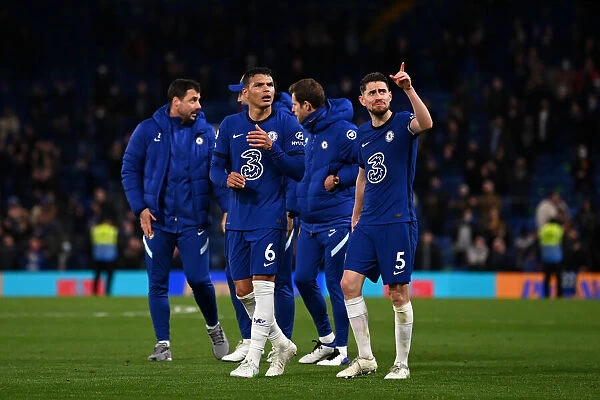 Chelsea Players Thiago Silva and Jorginho Celebrate Win Against Leicester City in Empty Stamford Bridge, Premier League 2021