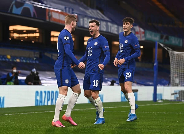 Chelsea Triumph: Timo Werner, Mason Mount, and Kai Havertz Celebrate Semi-Final Victory over Real Madrid in Empty Stamford Bridge