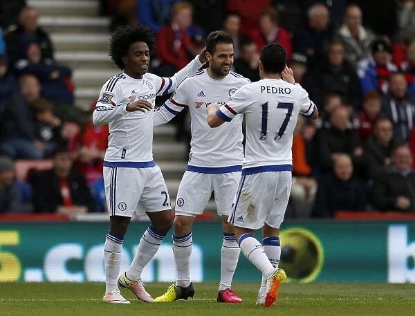 Chelsea Triumph: Willian, Fabregas, and Pedro Celebrate Their Goals vs. AFC Bournemouth (April 2016)
