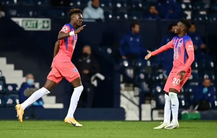 Framed Print : Chelsea's Abraham and Hudson-Odoi Celebrate Third Goal Against West Bromwich Albion in Empty Hawthorns Stadium Framed Print : Chelsea's Abraham and Hudson-Odoi Celebrate Third Goal Against West Bromwich Albion in Empty Hawthorns Stadium