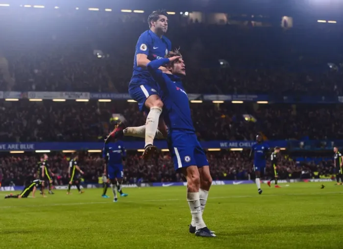 Framed Print : Chelsea's Alonso Scores Second Goal Against Brighton in Premier League