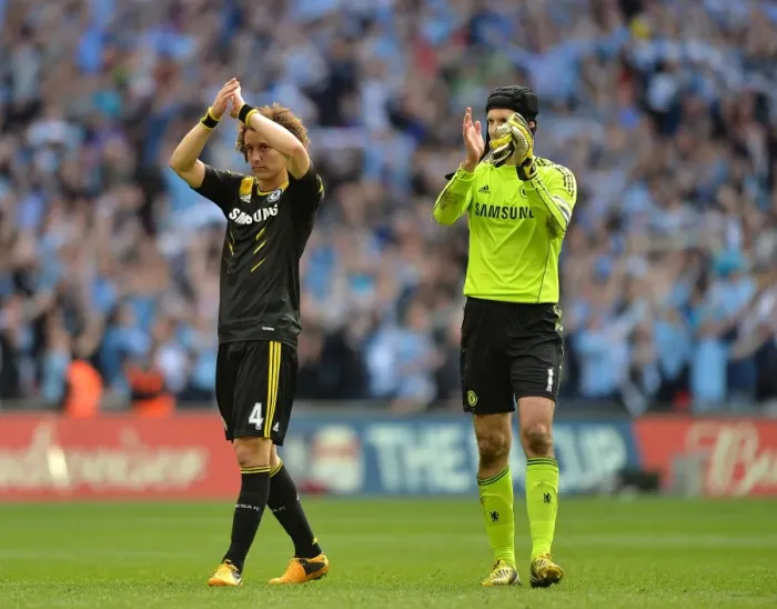Framed Print : Chelsea's David Luiz and Petr Cech Celebrate FA Cup Semi-Final Triumph over Manchester City at Wembley Stadium (April 2013) Framed Print : Chelsea's David Luiz and Petr Cech Celebrate FA Cup Semi-Final Triumph over Manchester City at Wembley Stadium (April 2013)