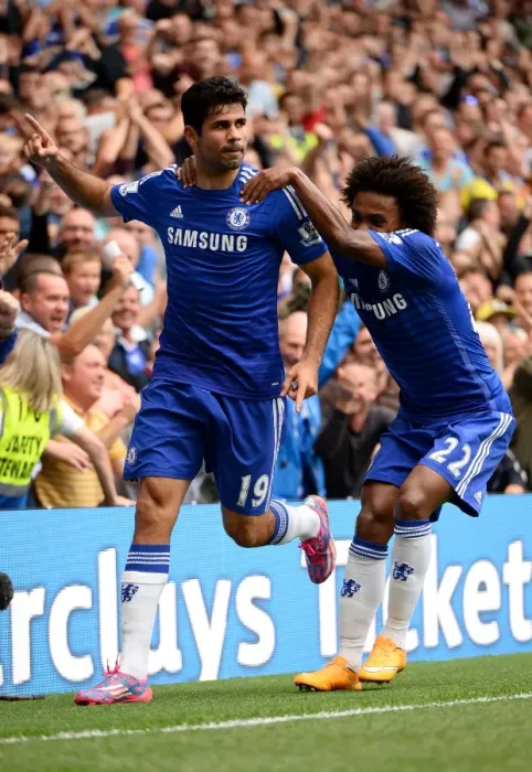 Framed Print : Chelsea's Diego Costa and Willian: A Celebration of Costa's Goal (Chelsea vs. Aston Villa, September 27, 2014, Barclays Premier League, Stamford Bridge) Framed Print : Chelsea's Diego Costa and Willian: A Celebration of Costa's Goal (Chelsea vs. Aston Villa, September 27, 2014, Barclays Premier League, Stamford Bridge)