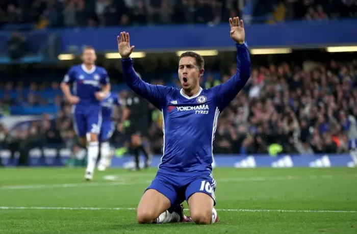 Framed Print : Chelsea's Eden Hazard Celebrates Third Goal Against Manchester United at Stamford Bridge