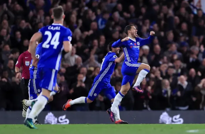 Framed Print : Chelsea's Eden Hazard Celebrates Historic Fourth Goal Against Everton at Stamford Bridge