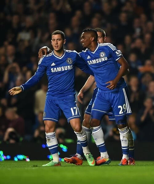 Chelsea's Eden Hazard and Samuel Eto'o: A Dynamic Duo Celebrates Their Second Goal Against Tottenham Hotspur (March 8, 2014, Stamford Bridge)