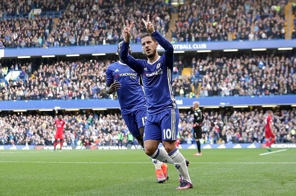 Chelsea's Eden Hazard and Victor Moses: A Dynamic Duo Celebrates Their Second Goal Against Leicester City at Stamford Bridge