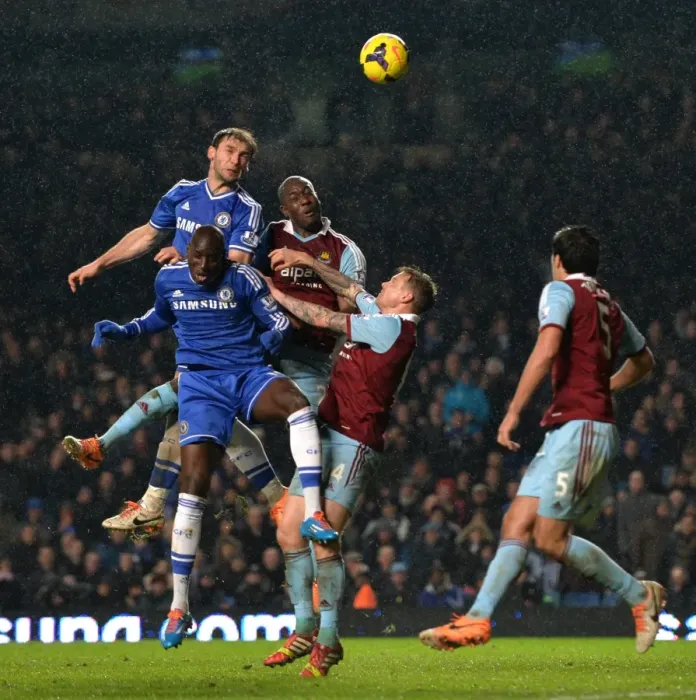 Framed Print : Chelsea's Gary Cahill Wins Aerial Battle: Chelsea vs. West Ham United, Premier League (January 29, 2014)