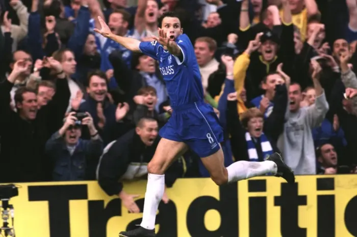 Framed Print : Chelsea's Gustavo Poyet Celebrates Double Goal Against Manchester United in FA Carling Premiership Framed Print : Chelsea's Gustavo Poyet Celebrates Double Goal Against Manchester United in FA Carling Premiership