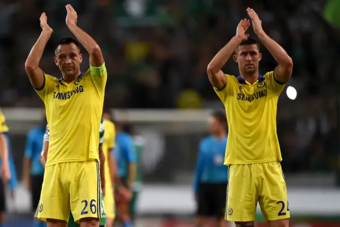 Framed Print : Chelsea's John Terry and Gary Cahill: Champions League Victory Celebration vs. Sporting Lisbon (September 30, 2014)