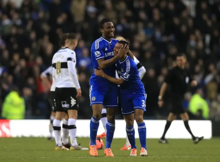 Framed Print : Chelsea's Jon Obi Mikel and Ashley Cole: Celebrating Mikel's FA Cup Goal Against Derby County (5th January 2014) Framed Print : Chelsea's Jon Obi Mikel and Ashley Cole: Celebrating Mikel's FA Cup Goal Against Derby County (5th January 2014)