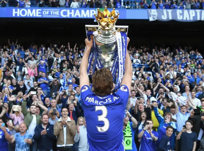 Framed Print : Chelsea's Marcos Alonso Celebrates Premier League Title Win at Stamford Bridge