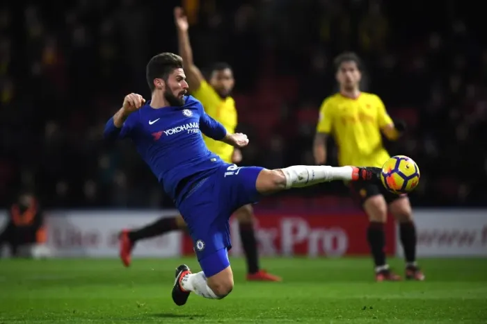 Framed Print : Chelsea's Olivier Giroud in Action against Watford - Premier League Framed Print : Chelsea's Olivier Giroud in Action against Watford - Premier League