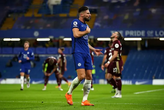 Framed Print : Chelsea's Olivier Giroud Celebrates First Goal as Limited Fans Return to Stamford Bridge for Chelsea v Leeds United Premier League Match
