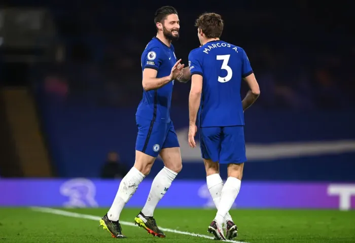 Framed Print : Chelsea's Olivier Giroud and Marcos Alonso Celebrate First Goal Against Newcastle United in Empty Stamford Bridge Framed Print : Chelsea's Olivier Giroud and Marcos Alonso Celebrate First Goal Against Newcastle United in Empty Stamford Bridge