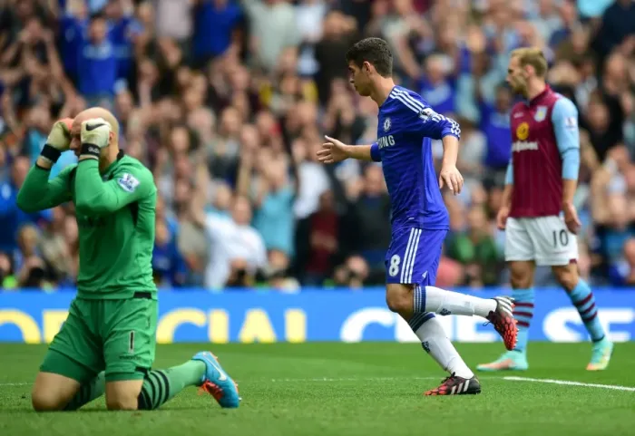 Framed Print : Chelsea's Oscar: Celebrating His First Goal Against Aston Villa (September 27, 2014, Stamford Bridge) Framed Print : Chelsea's Oscar: Celebrating His First Goal Against Aston Villa (September 27, 2014, Stamford Bridge)