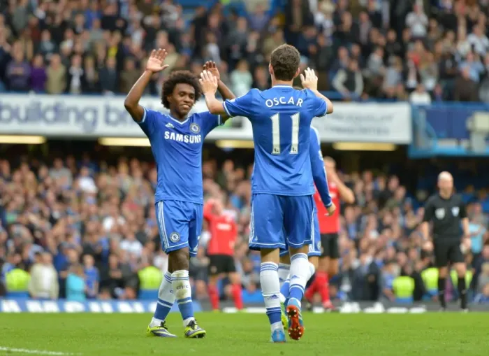Framed Print : Chelsea's Oscar and Willian: Unstoppable Duo Celebrates Their Third Goal Against Fulham (September 2013) Framed Print : Chelsea's Oscar and Willian: Unstoppable Duo Celebrates Their Third Goal Against Fulham (September 2013)