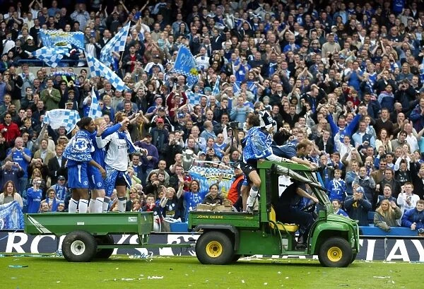 Chelsea's Premier League Champions: A Unique Victory Celebration with Huth, Cudicini, Carvalho, Pidgeley, Forsell, and Drogba on a Tractor