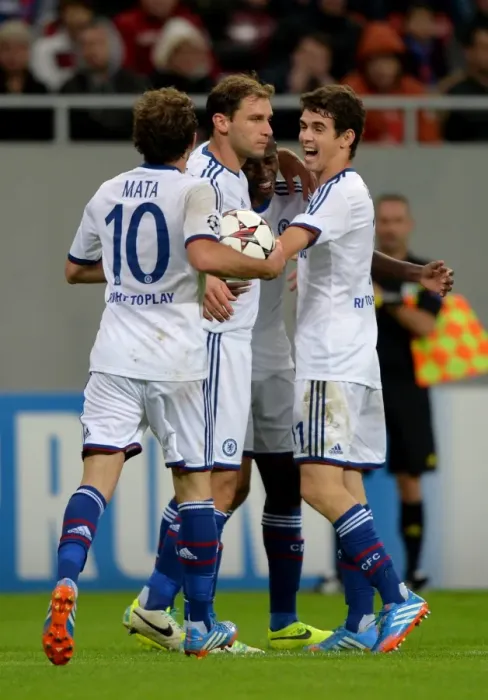 Framed Print : Chelsea's Ramires and Team-Mates Celebrate Third Goal in UEFA Champions League Match Against Steaua Bucharest (October 2013)