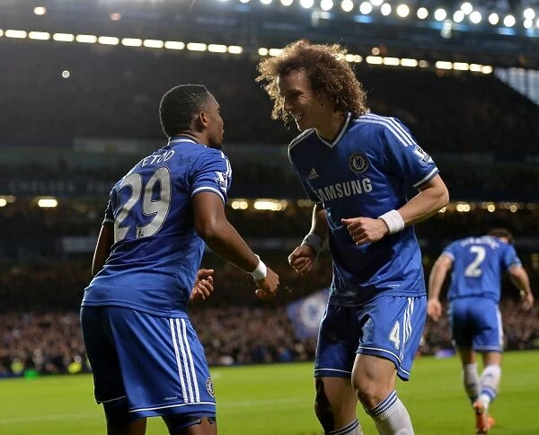 Chelsea's Samuel Eto'o and David Luiz: A Dynamic Duo Celebrates Goal Against Manchester United (January 19, 2014)