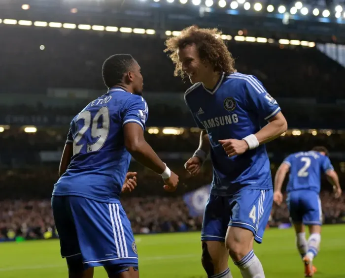 Framed Print : Chelsea's Samuel Eto'o and David Luiz: A Dynamic Duo Celebrates Goal Against Manchester United (January 19, 2014) Framed Print : Chelsea's Samuel Eto'o and David Luiz: A Dynamic Duo Celebrates Goal Against Manchester United (January 19, 2014)