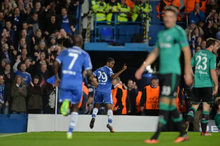 Framed Print : Chelsea's Samuel Eto'o: Double Delight as He Celebrates Second Goal vs. Schalke in UEFA Champions League (November 6, 2013)