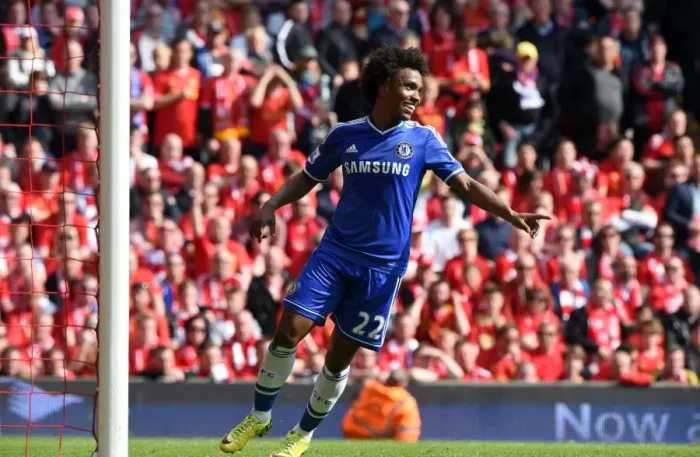 Framed Print : Chelsea's Thrilling Double Victory: Willian's Brilliant Goals at Anfield (April 2014) Framed Print : Chelsea's Thrilling Double Victory: Willian's Brilliant Goals at Anfield (April 2014)