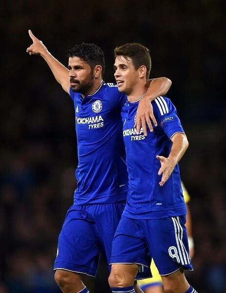 Chelsea's Triumphant Moment: Costa and Oscar Celebrate Goal in UEFA Champions League Victory (September 2015)