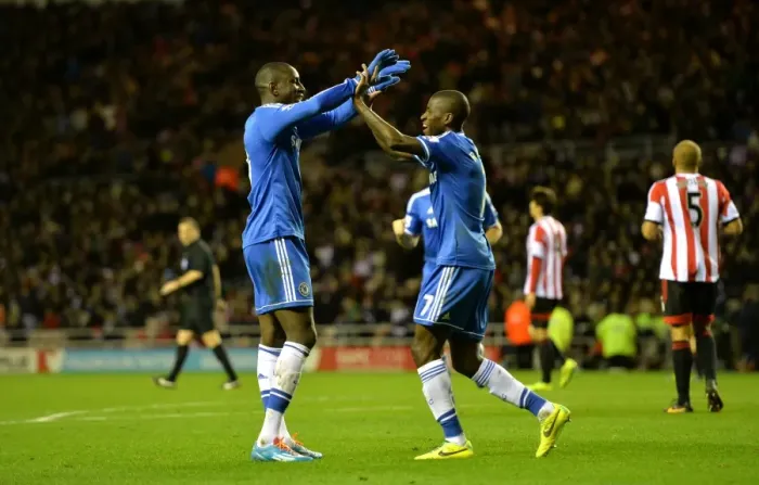 Framed Print : Chelsea's Unintentional Victory: Ramires and Demba Ba Celebrate Own Goal Against Sunderland (December 2013) Framed Print : Chelsea's Unintentional Victory: Ramires and Demba Ba Celebrate Own Goal Against Sunderland (December 2013)