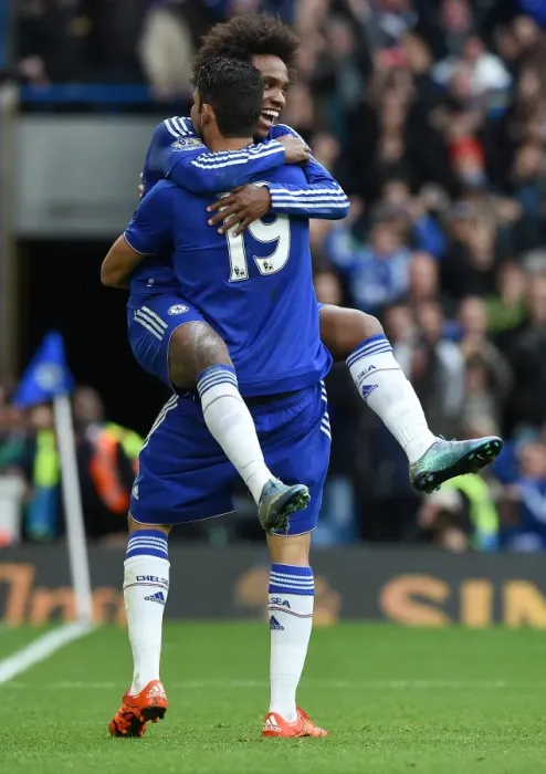 Framed Print : Chelsea's Willian and Diego Costa: Celebrating Costa's First Goal Against Aston Villa (October 2015)