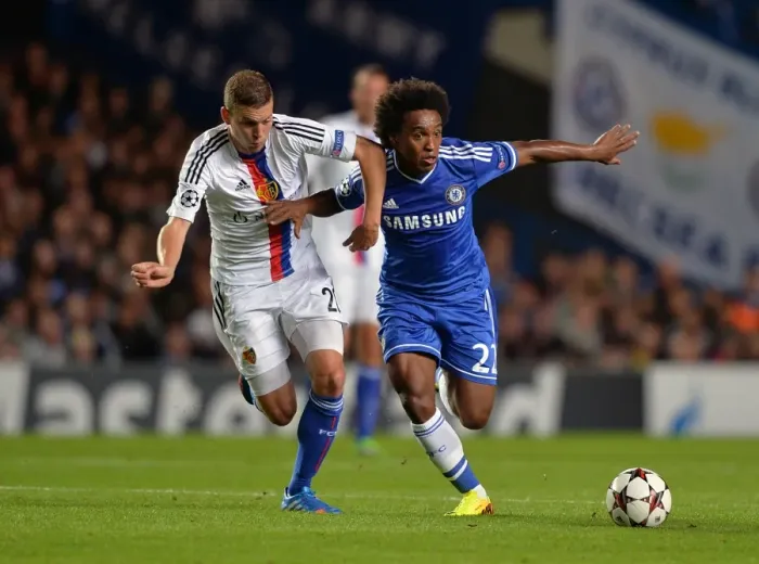 Framed Print : Clash of the Champions: Willian vs. Fabian Frei at Stamford Bridge (September 18, 2013)