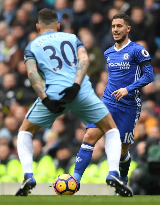 Framed Print : Clash at the Etihad: Hazard and Luiz Go Head-to-Head in Premier League Battle Framed Print : Clash at the Etihad: Hazard and Luiz Go Head-to-Head in Premier League Battle