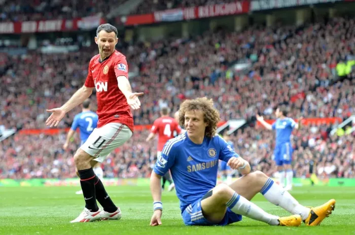 Framed Print : A Clash of Titans: David Luiz vs. Ryan Giggs - Manchester United vs. Chelsea (Barclays Premier League, 5th May 2013)