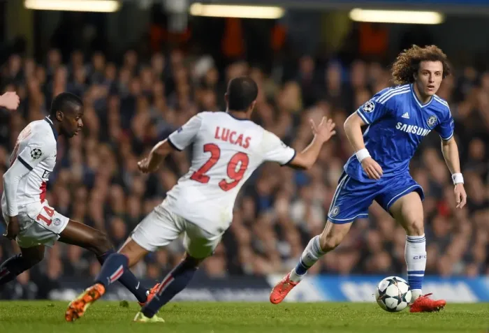 Framed Print : David Luiz Outmaneuvers Lucas Moura: Chelsea's Thrilling Moment vs. Paris Saint-Germain in the UEFA Champions League Quarterfinals (April 2014)