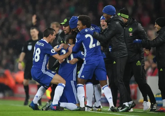 Framed Print : David Luiz Scores the Opener: Chelsea's Thrilling Victory at Anfield (31-01-2017) Framed Print : David Luiz Scores the Opener: Chelsea's Thrilling Victory at Anfield (31-01-2017)
