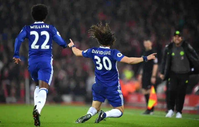 Framed Print : David Luiz Scores the Opener: Chelsea's Triumph at Anfield, Premier League 2017