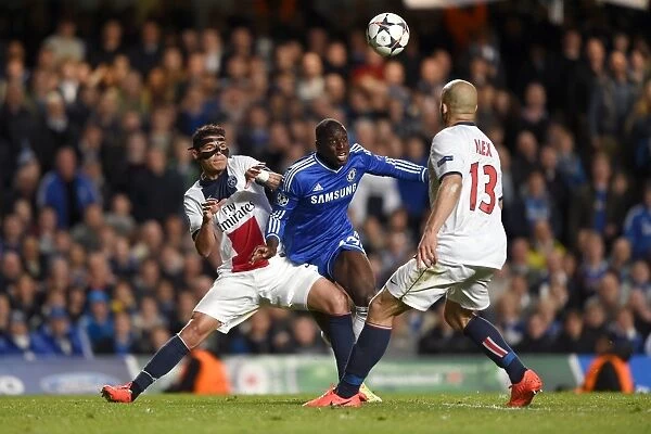 Demba Ba Fights for Ball Against Thiago Silva and Alex in Intense Chelsea vs. Paris Saint-Germain UEFA Champions League Clash (April 8, 2014)