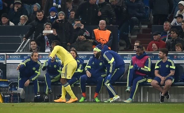 Didier Drogba's Euphoric Moment: Celebrating Chelsea's Fourth Goal Against Schalke 04 in the UEFA Champions League (November 25, 2015)