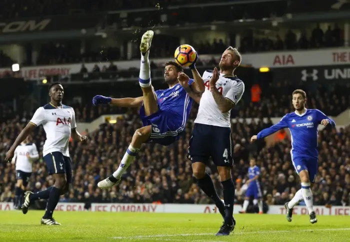 Framed Print : Diego Costa's Dramatic Overhead Kick Attempt Against Tottenham Hotspur - Premier League Rivalry Framed Print : Diego Costa's Dramatic Overhead Kick Attempt Against Tottenham Hotspur - Premier League Rivalry