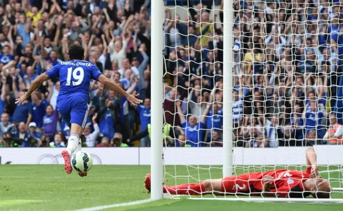 Framed Print : Diego Costa's Thrilling Debut: Chelsea's First Goal vs. Leicester City (August 23, 2014)