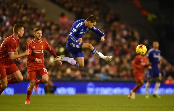 Framed Print : Eden Hazard Faces Liverpool in Intense Capital One Cup Semi-Final Showdown at Anfield, January 2015