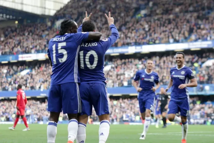 Framed Print : Eden Hazard Scores Chelsea's Second Goal vs Leicester City: A Triumphant Celebration with Teamsmates at Stamford Bridge