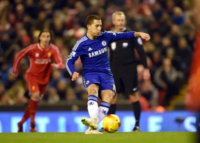 Framed Print : Eden Hazard Scores Penalty: Chelsea Takes the Lead in Tense Liverpool vs. Chelsea Capital One Cup Semi-Final (1st Leg, Anfield)